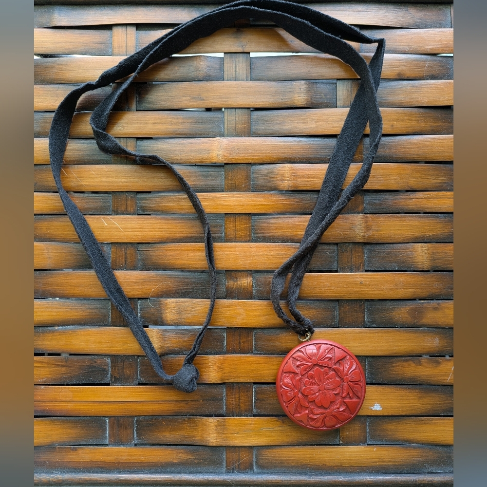 Vintage Mid-Century Carved Cinnabar Pendant On Leather